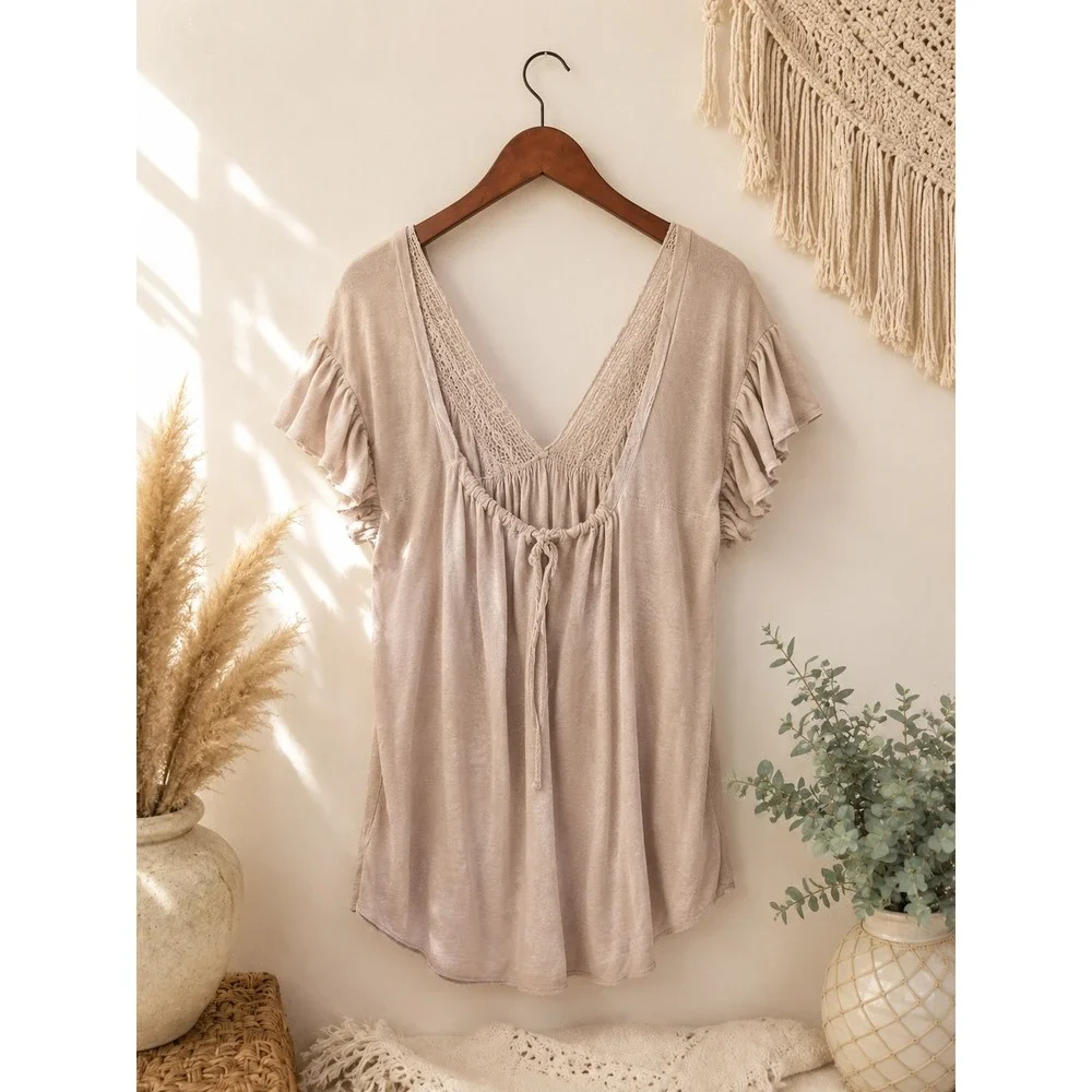 Free People Fiesta Nueva Embroidered Boho Tunic Blush Small Hi-Low Top
